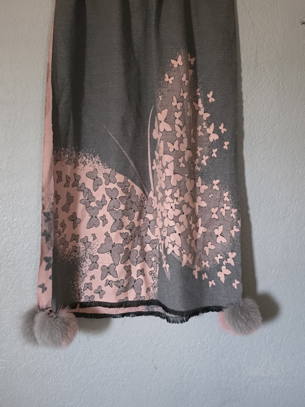 La Fiorentina Pink and Gray Butterfly-Print Scarf with Pom Trim